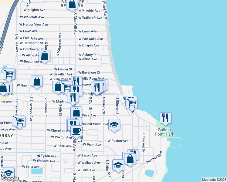 map of restaurants, bars, coffee shops, grocery stores, and more near 4807 Bayshore Boulevard in Tampa