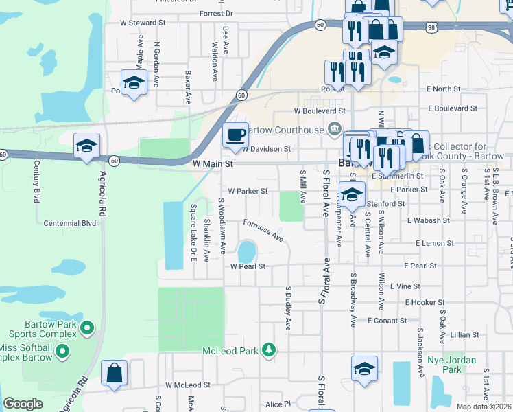 map of restaurants, bars, coffee shops, grocery stores, and more near 350 Indica Court in Bartow