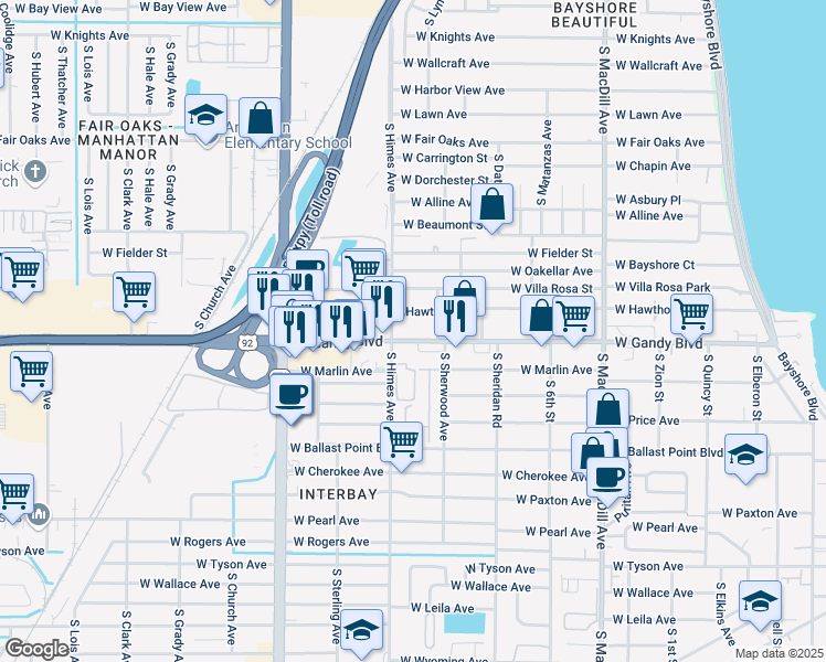 map of restaurants, bars, coffee shops, grocery stores, and more near in Tampa
