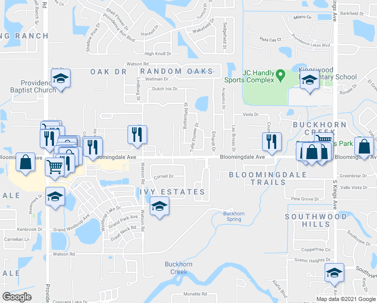 map of restaurants, bars, coffee shops, grocery stores, and more near 11418 Bloomingdale Avenue in Riverview