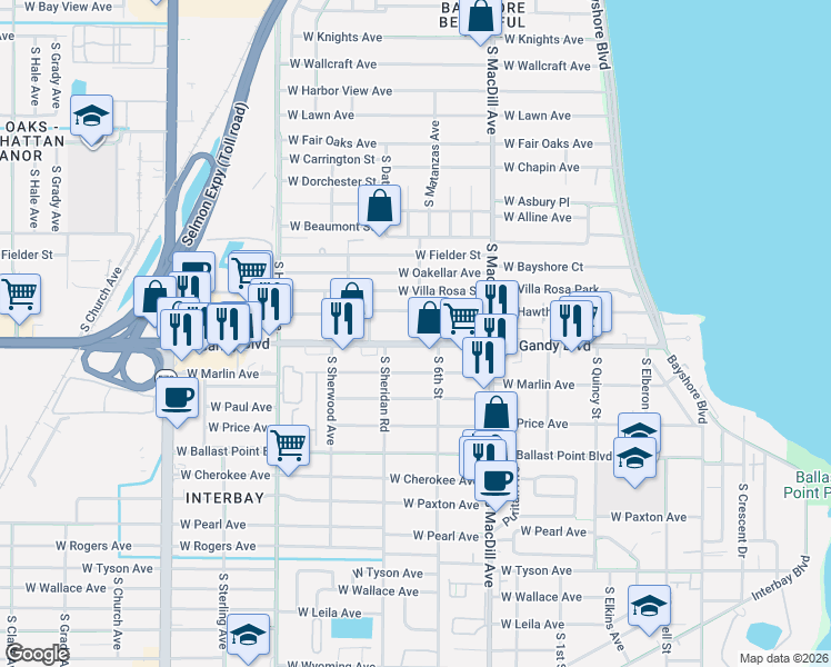 map of restaurants, bars, coffee shops, grocery stores, and more near 4809 South Mound Avenue in Tampa