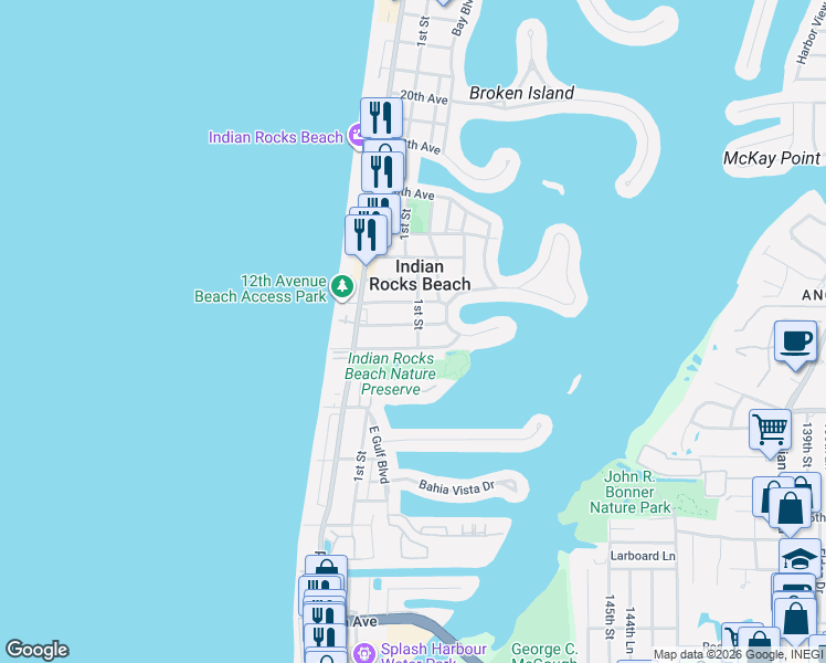 map of restaurants, bars, coffee shops, grocery stores, and more near 1008 1st Street in Indian Rocks Beach