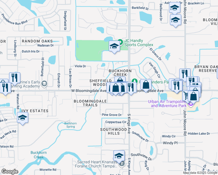 map of restaurants, bars, coffee shops, grocery stores, and more near 3385 Creekridge Road in Brandon