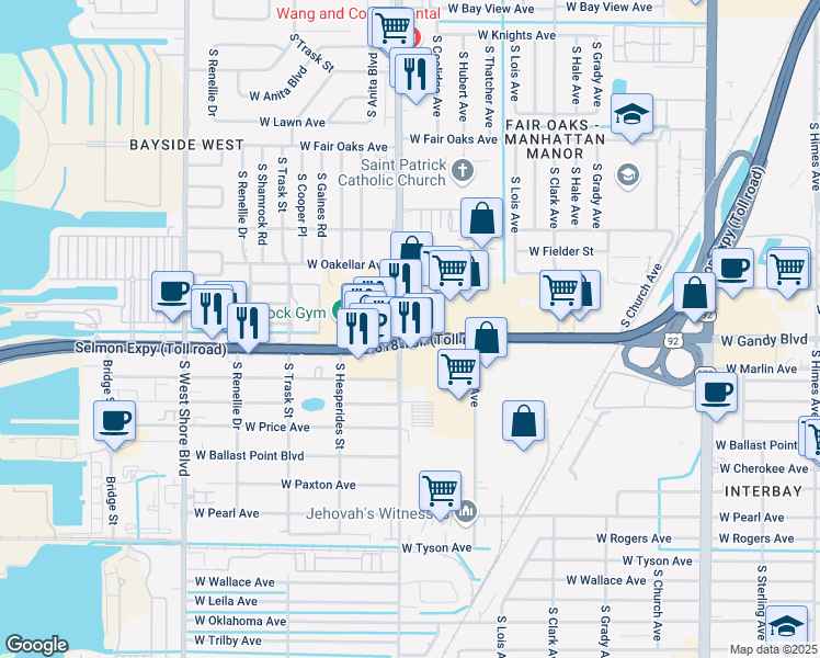 map of restaurants, bars, coffee shops, grocery stores, and more near 4319 West Gandy Boulevard in Tampa