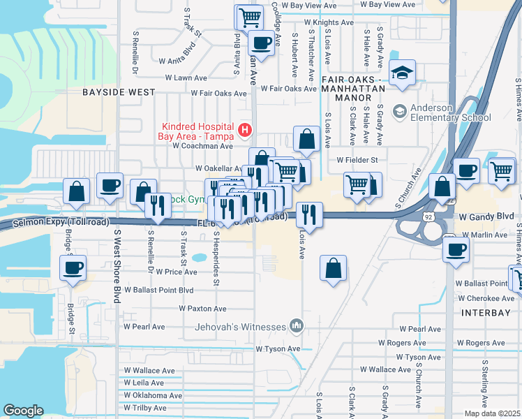 map of restaurants, bars, coffee shops, grocery stores, and more near 4319 West Gandy Boulevard in Tampa