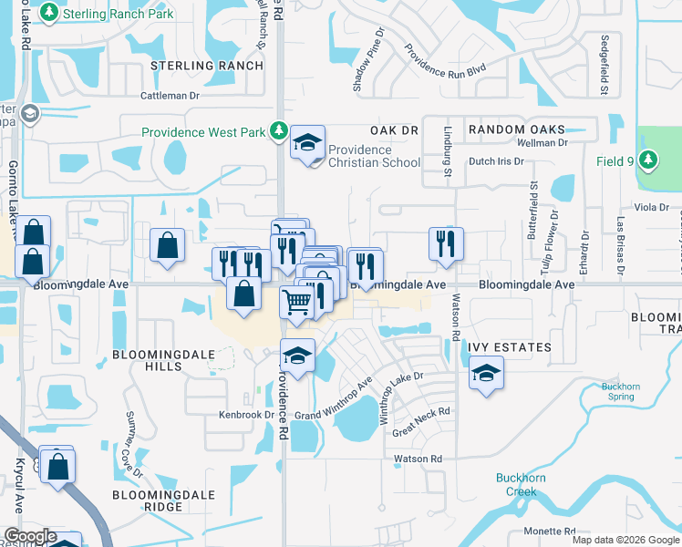 map of restaurants, bars, coffee shops, grocery stores, and more near 11216 Bloomingdale Avenue in Riverview