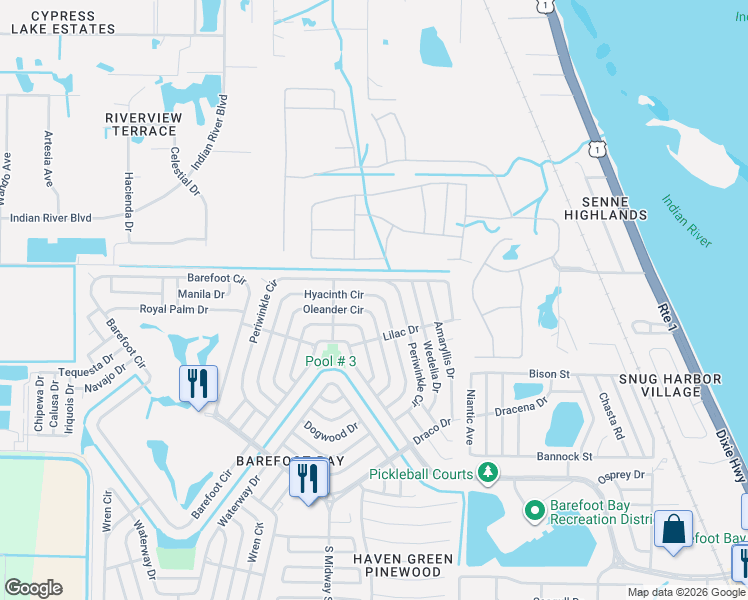 map of restaurants, bars, coffee shops, grocery stores, and more near 722 Oleander Circle in Micco