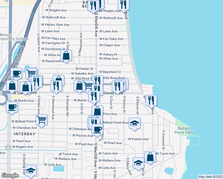 map of restaurants, bars, coffee shops, grocery stores, and more near 2913 West Gandy Boulevard in Tampa