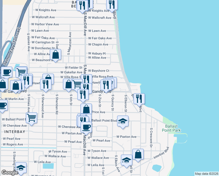 map of restaurants, bars, coffee shops, grocery stores, and more near 2913 West Gandy Boulevard in Tampa