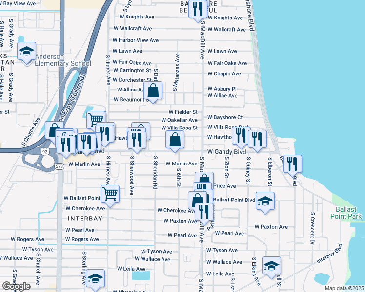 map of restaurants, bars, coffee shops, grocery stores, and more near 3117 West Gandy Boulevard in Tampa
