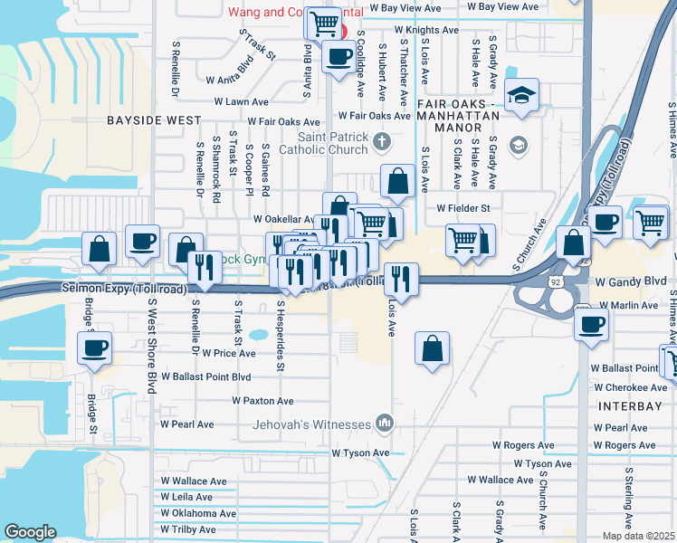map of restaurants, bars, coffee shops, grocery stores, and more near 4319 West Gandy Boulevard in Tampa