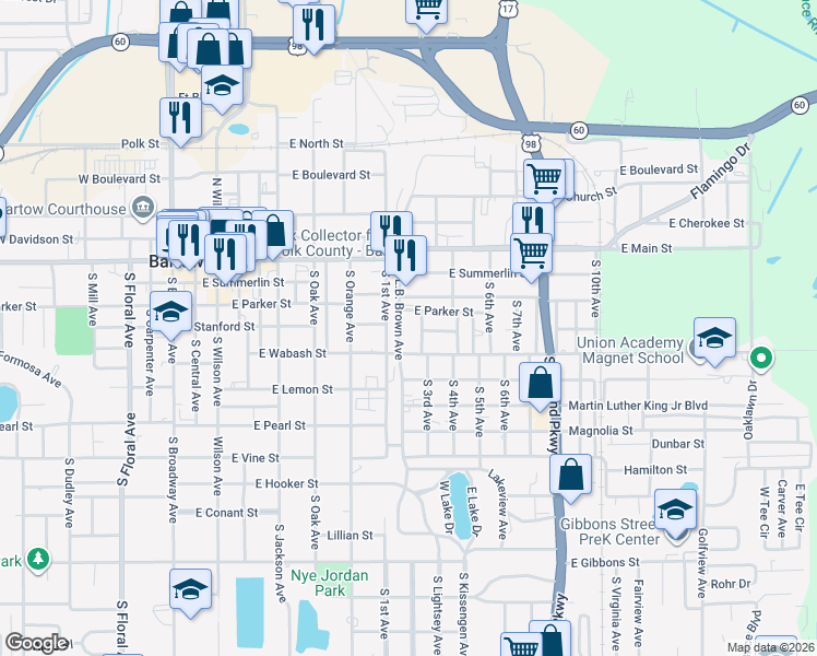 map of restaurants, bars, coffee shops, grocery stores, and more near 435 South 3rd Avenue in Bartow