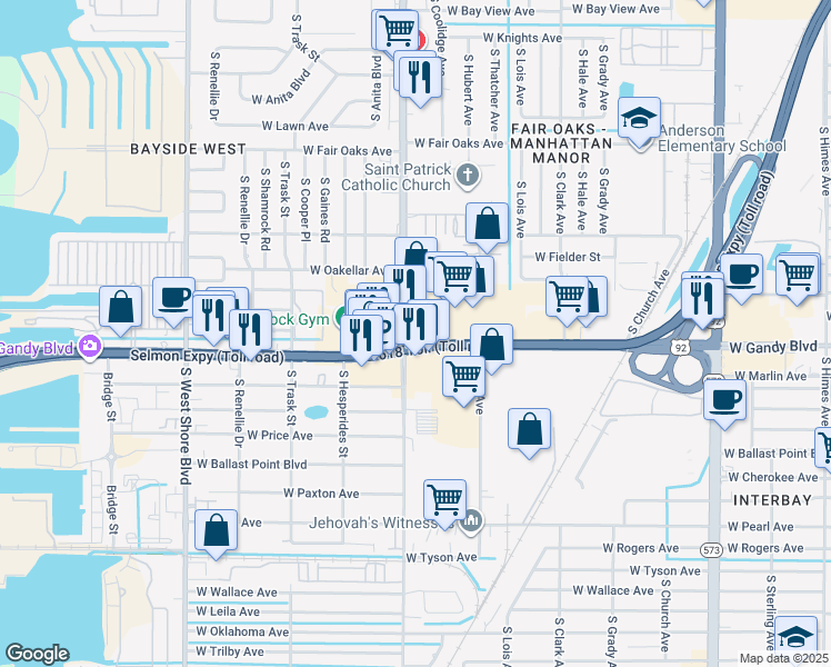 map of restaurants, bars, coffee shops, grocery stores, and more near 4319 West Gandy Boulevard in Tampa