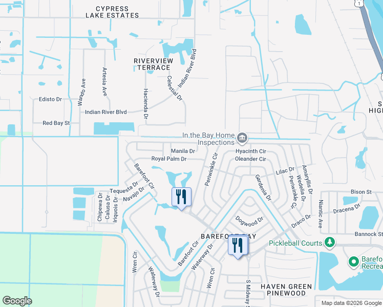 map of restaurants, bars, coffee shops, grocery stores, and more near 1055 Manila Drive in Micco