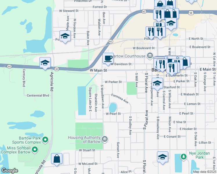 map of restaurants, bars, coffee shops, grocery stores, and more near 720 Marion Place in Bartow