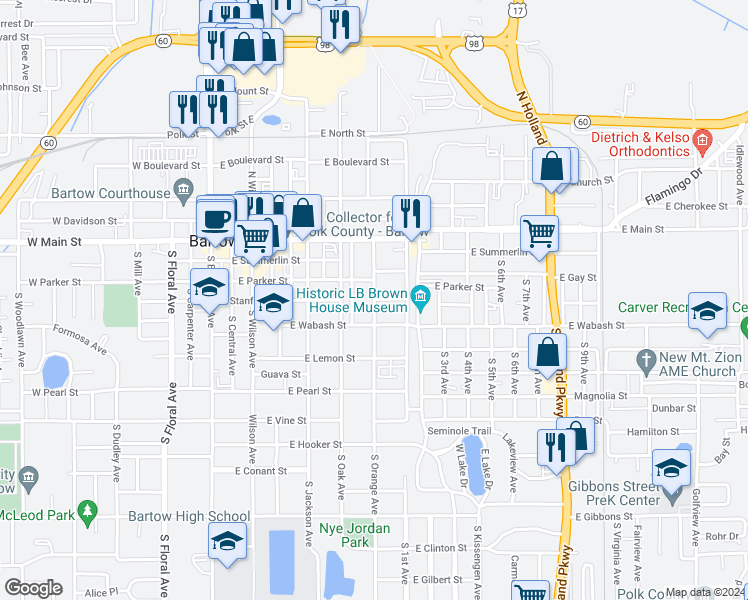 map of restaurants, bars, coffee shops, grocery stores, and more near 401 South Orange Avenue in Bartow
