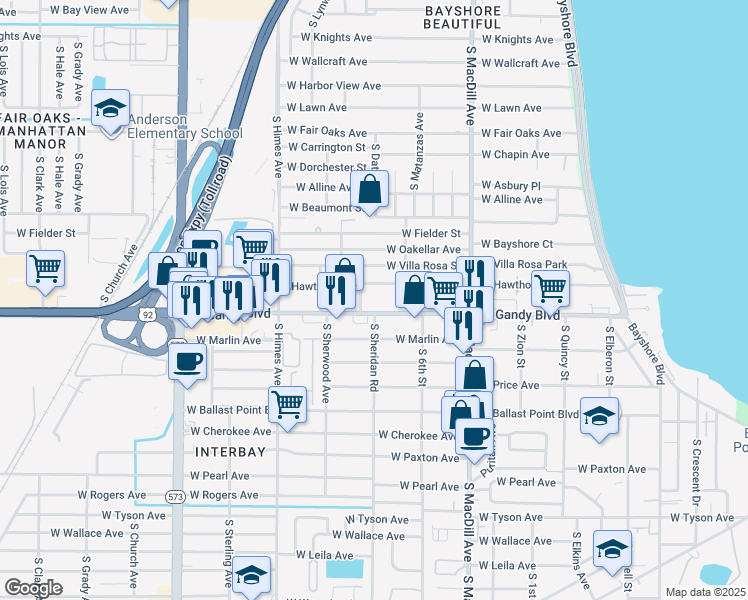 map of restaurants, bars, coffee shops, grocery stores, and more near 3301 West Gandy Boulevard in Tampa
