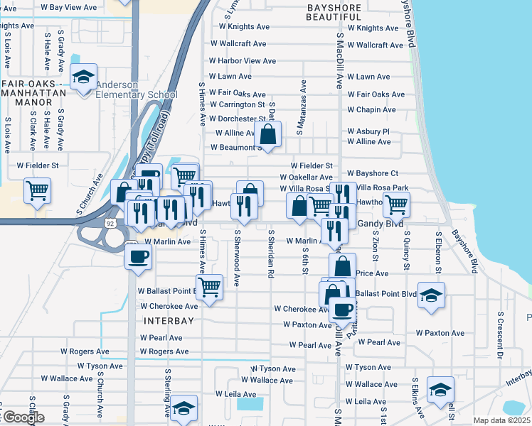 map of restaurants, bars, coffee shops, grocery stores, and more near 3301 West Gandy Boulevard in Tampa