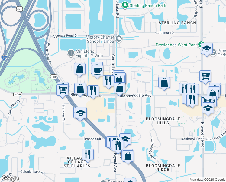 map of restaurants, bars, coffee shops, grocery stores, and more near 10260 Bloomingdale Avenue in Riverview