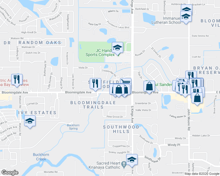 map of restaurants, bars, coffee shops, grocery stores, and more near 3310 Creek Ridge Road in Brandon