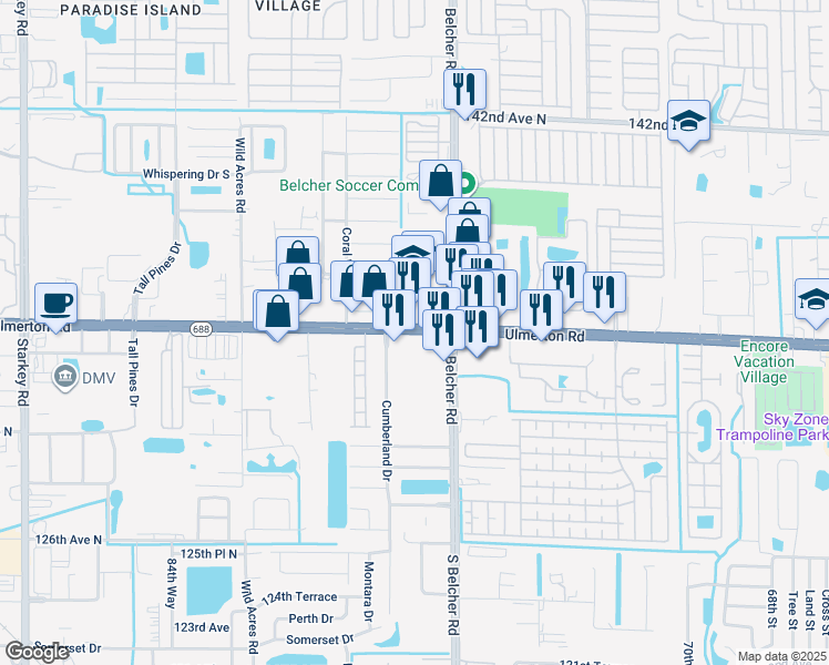map of restaurants, bars, coffee shops, grocery stores, and more near 7878 Ulmerton Road in Largo