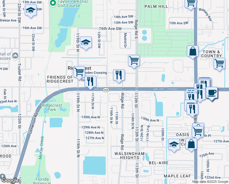 map of restaurants, bars, coffee shops, grocery stores, and more near 520 Ulmerton Road in Largo