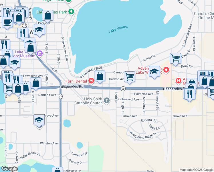 map of restaurants, bars, coffee shops, grocery stores, and more near 811 Hesperides Road in Lake Wales