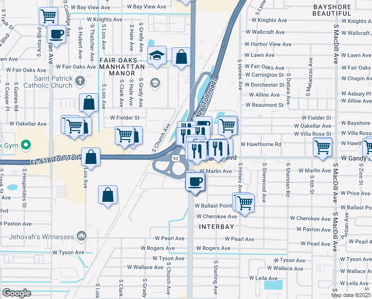 map of restaurants, bars, coffee shops, grocery stores, and more near in Tampa