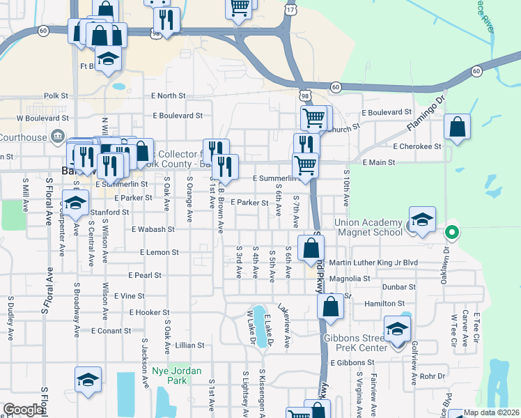 map of restaurants, bars, coffee shops, grocery stores, and more near 1070 East Stanford Street in Bartow