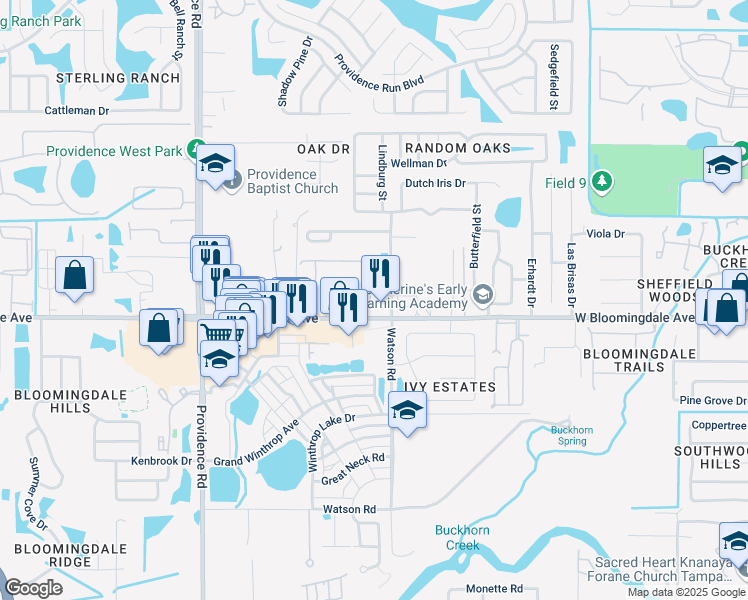 map of restaurants, bars, coffee shops, grocery stores, and more near 11360 Enfield Manor Way in Riverview