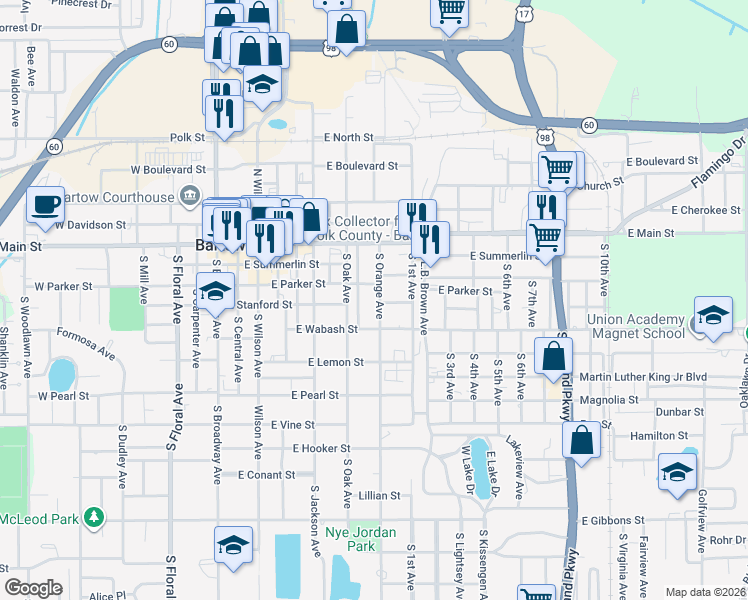 map of restaurants, bars, coffee shops, grocery stores, and more near 365 South Orange Avenue in Bartow