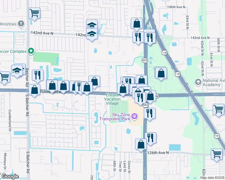map of restaurants, bars, coffee shops, grocery stores, and more near 6915 Ulmerton Road in Largo