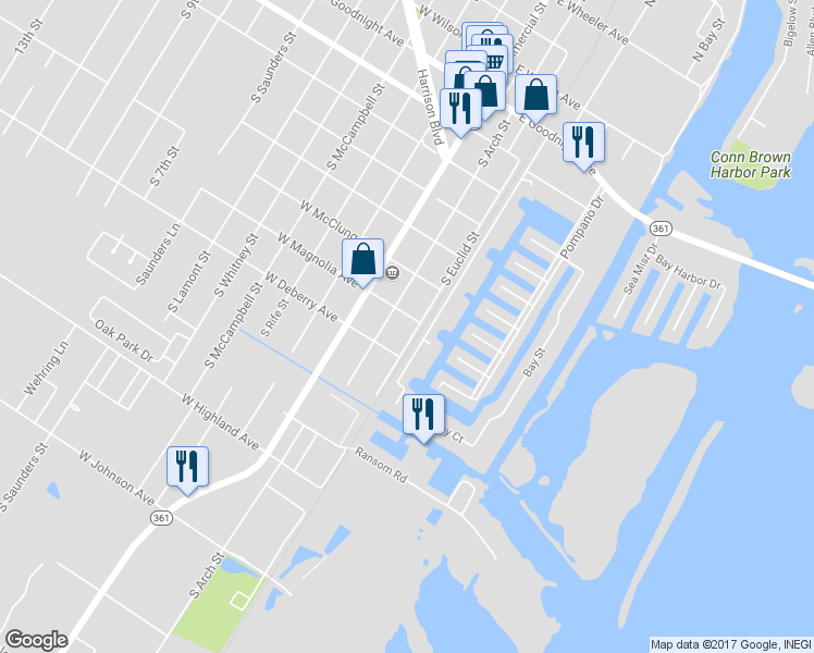 map of restaurants, bars, coffee shops, grocery stores, and more near 1014 South Euclid Street in Aransas Pass