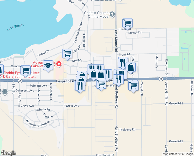 map of restaurants, bars, coffee shops, grocery stores, and more near 1313 Hesperides Road in Lake Wales