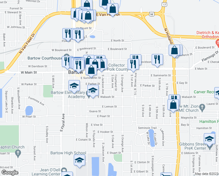 map of restaurants, bars, coffee shops, grocery stores, and more near 670 East Stanford Street in Bartow