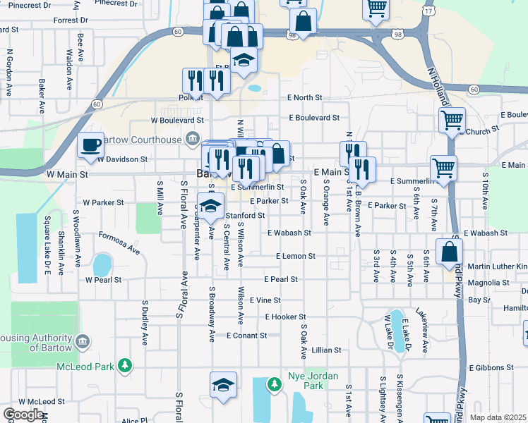 map of restaurants, bars, coffee shops, grocery stores, and more near 485 East Stanford Street in Bartow