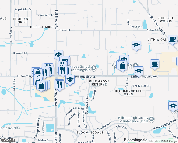 map of restaurants, bars, coffee shops, grocery stores, and more near 3315 Pleasant Willow Court in Brandon