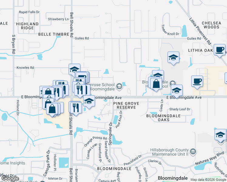 map of restaurants, bars, coffee shops, grocery stores, and more near 3313 Pleasant Willow Court in Brandon