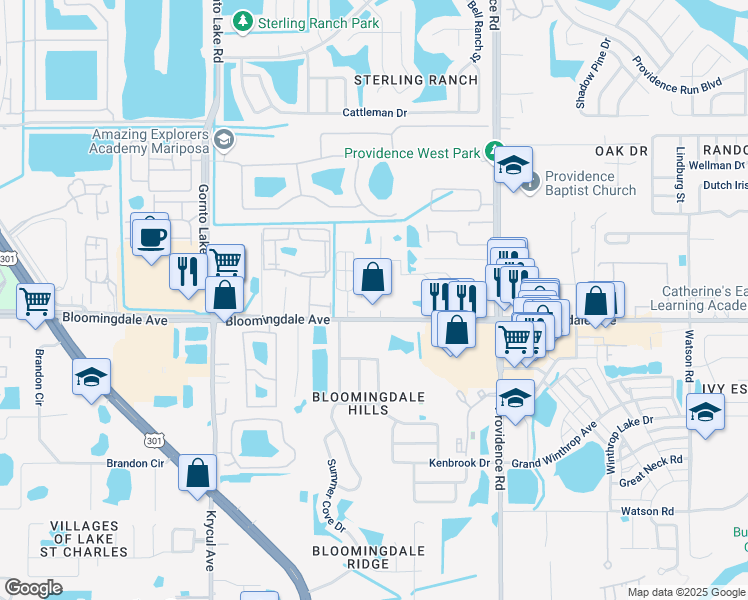 map of restaurants, bars, coffee shops, grocery stores, and more near 10676 Bloomingdale Avenue in Riverview