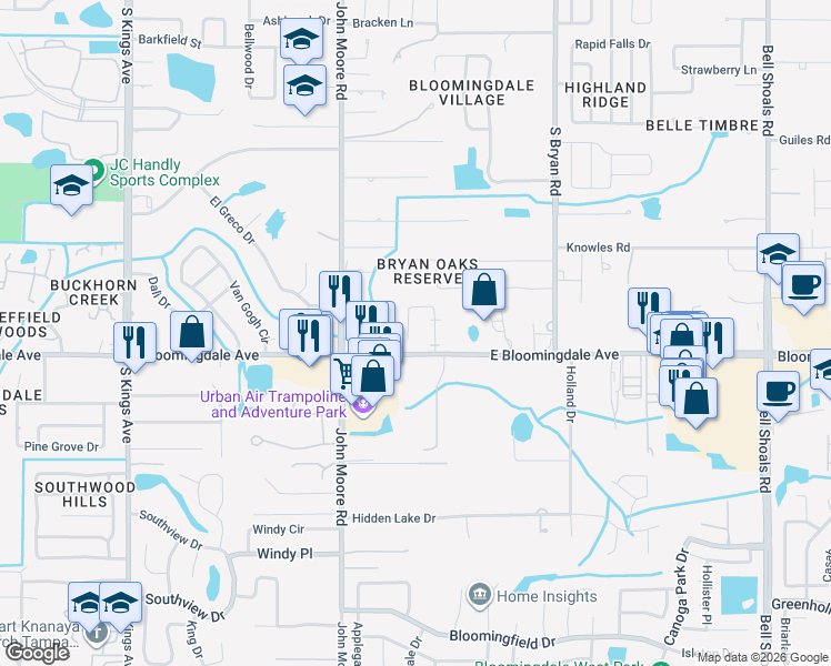 map of restaurants, bars, coffee shops, grocery stores, and more near 3116 Bloomingdale Villas Court in Brandon