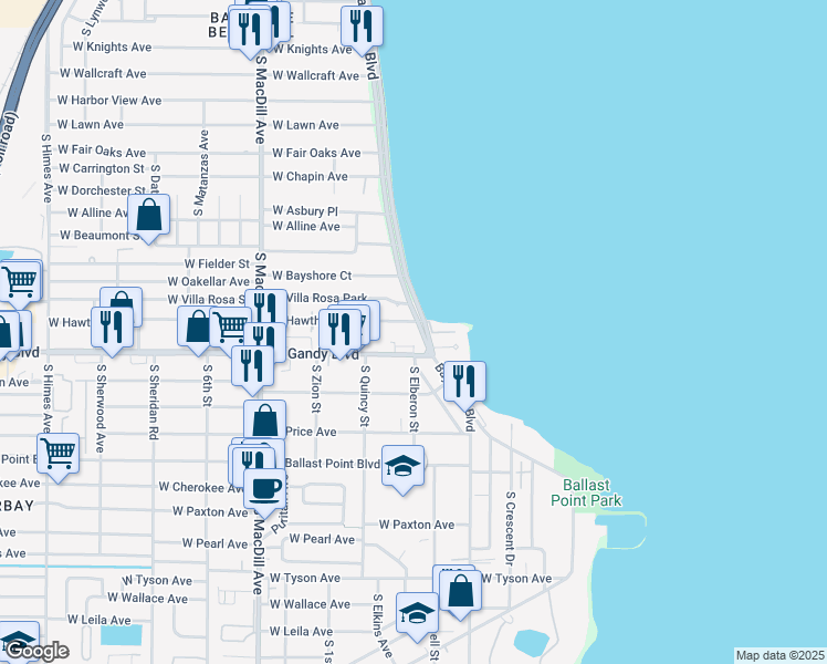 map of restaurants, bars, coffee shops, grocery stores, and more near in Tampa