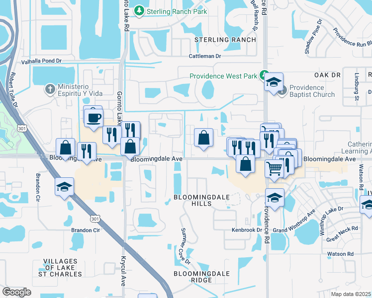 map of restaurants, bars, coffee shops, grocery stores, and more near 10676 Bloomingdale Avenue in Riverview