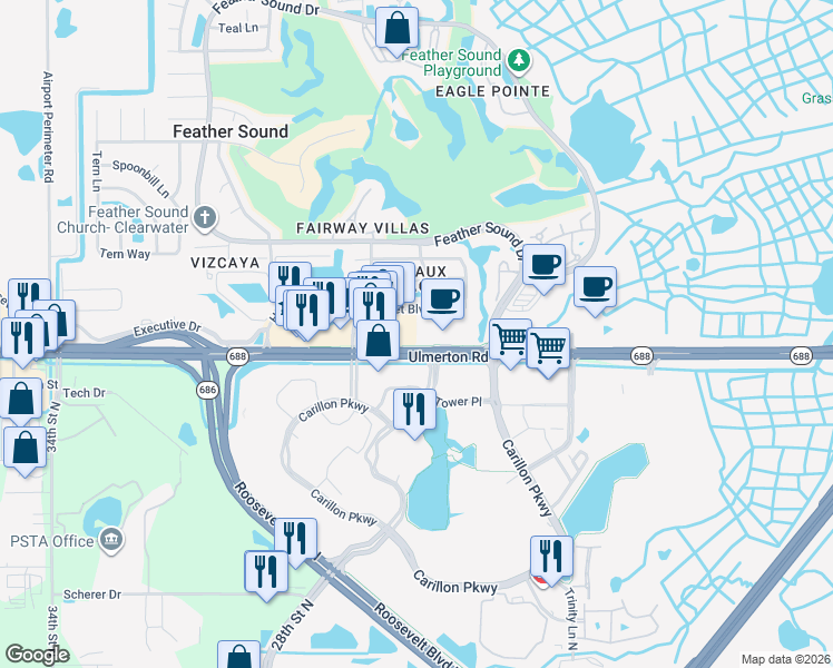 map of restaurants, bars, coffee shops, grocery stores, and more near 2311 Ulmerton Road in Clearwater