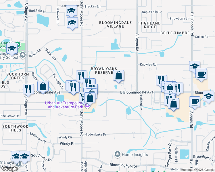 map of restaurants, bars, coffee shops, grocery stores, and more near 3249 Bloomingdale Villas Court in Brandon