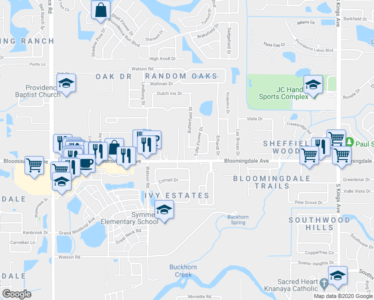 map of restaurants, bars, coffee shops, grocery stores, and more near 11405 Bamboo Orchid Court in Riverview