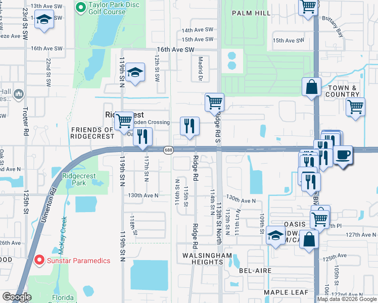 map of restaurants, bars, coffee shops, grocery stores, and more near 520 Ulmerton Road in Largo