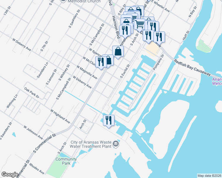 map of restaurants, bars, coffee shops, grocery stores, and more near 1014 South Euclid Street in Aransas Pass