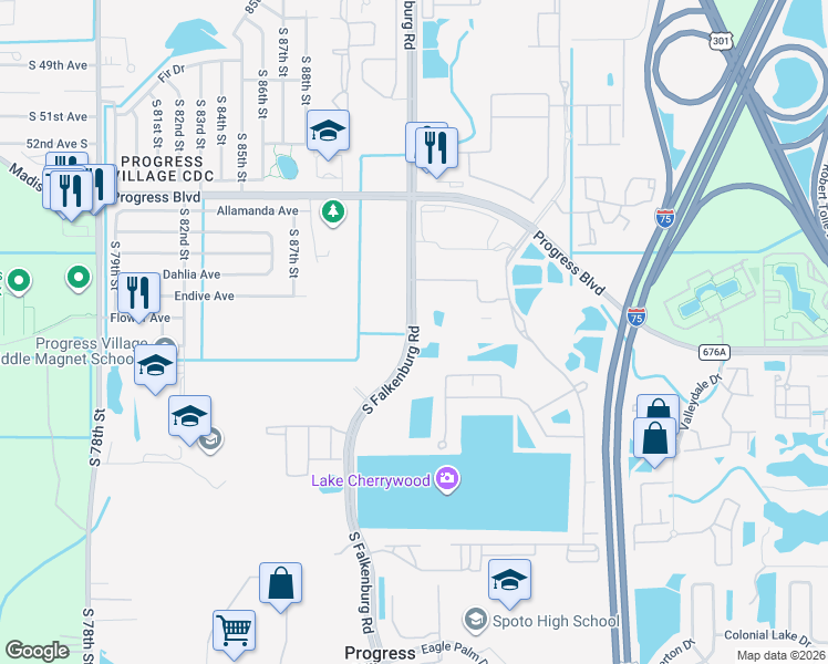 map of restaurants, bars, coffee shops, grocery stores, and more near South Falkenburg Road in Riverview