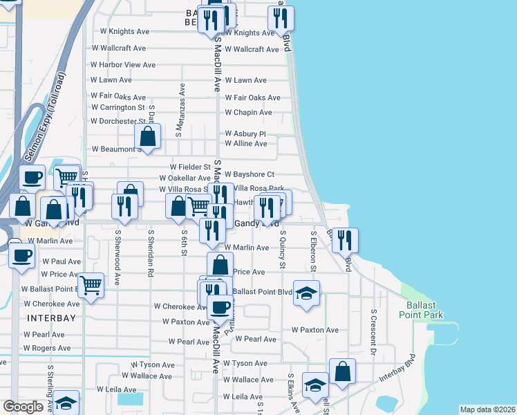 map of restaurants, bars, coffee shops, grocery stores, and more near 2908 Hansen Manor Lane in Tampa