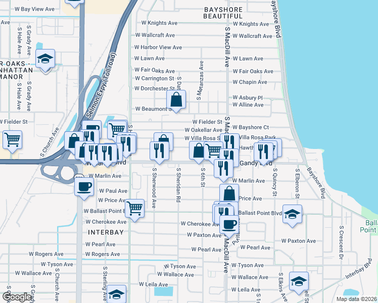 map of restaurants, bars, coffee shops, grocery stores, and more near 4809 South Mound Avenue in Tampa